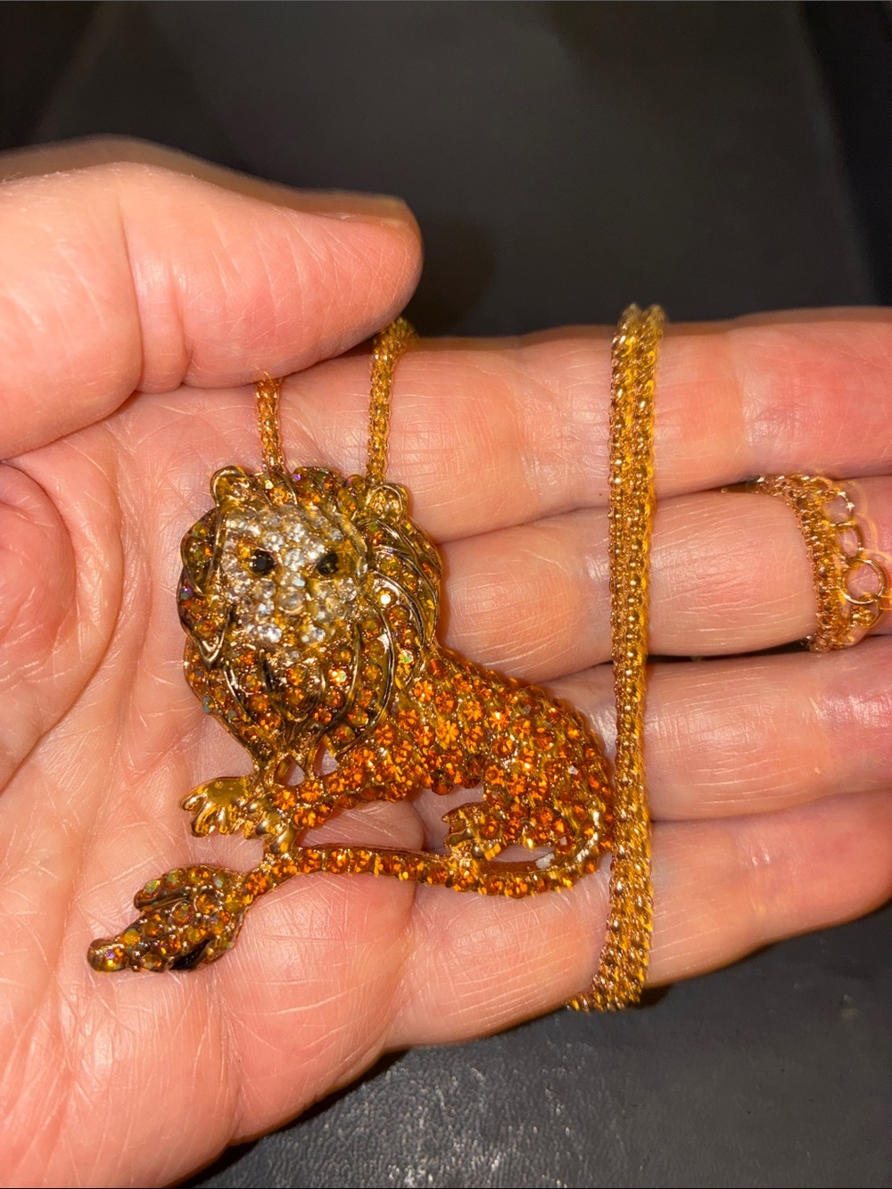 Lion Pendant/Brooch Necklace - Sparkling Amber Crystals